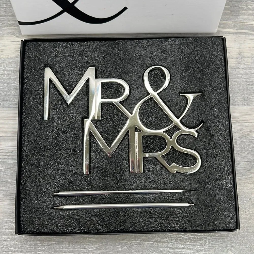 Olivia &Oliver Polished Silver Finish Mr. & Mrs. cake topper EUC